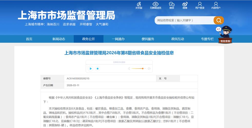 上海市市场监督管理局2026年第8期省级食品安全抽检信息